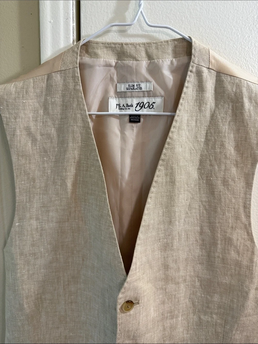 Men’s Linen Suit Vest Slim Fit Jos. A. Bank 1905 Tan Beige Formal Wedding Size S